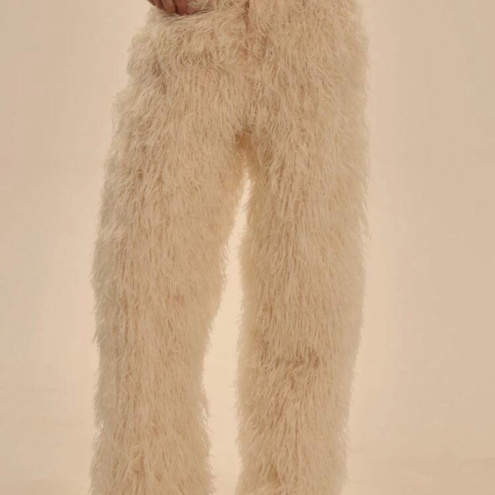 Chic Cream Fluffy Women's Wide Leg Pants - Picture 2 of 4